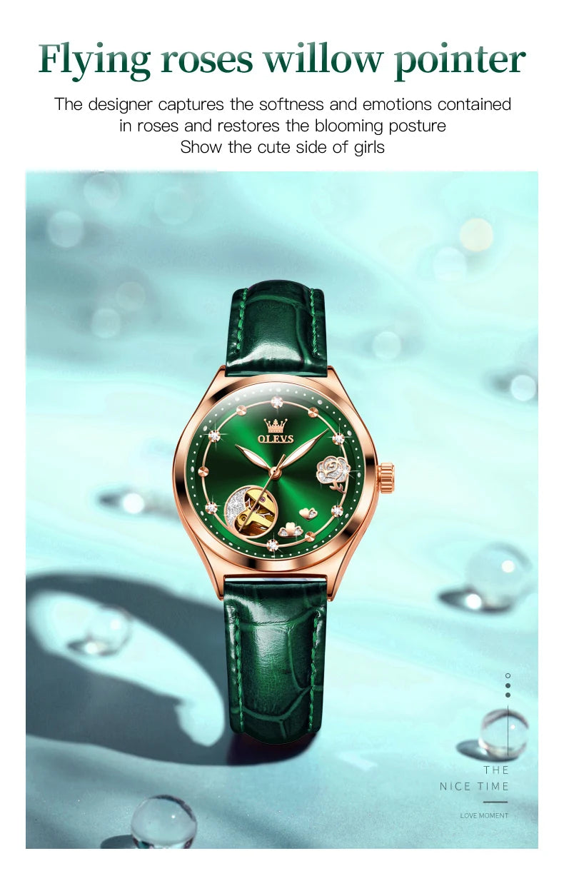 OLEVS Luxury Brand Women Mechanical Watch Leather Strap Waterproof Simple Fashion Ladies Automatic Wristwatch Relojes Para Mujer