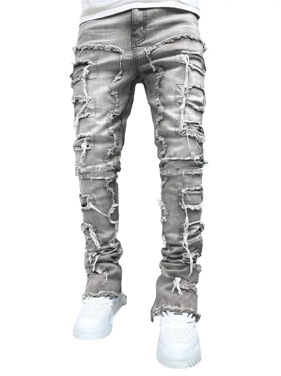 New European Camo Pants Men High Street Slim Fit Stretch Patched Denim Ripped Male's Stacked Jeans Men's camouflage jeans