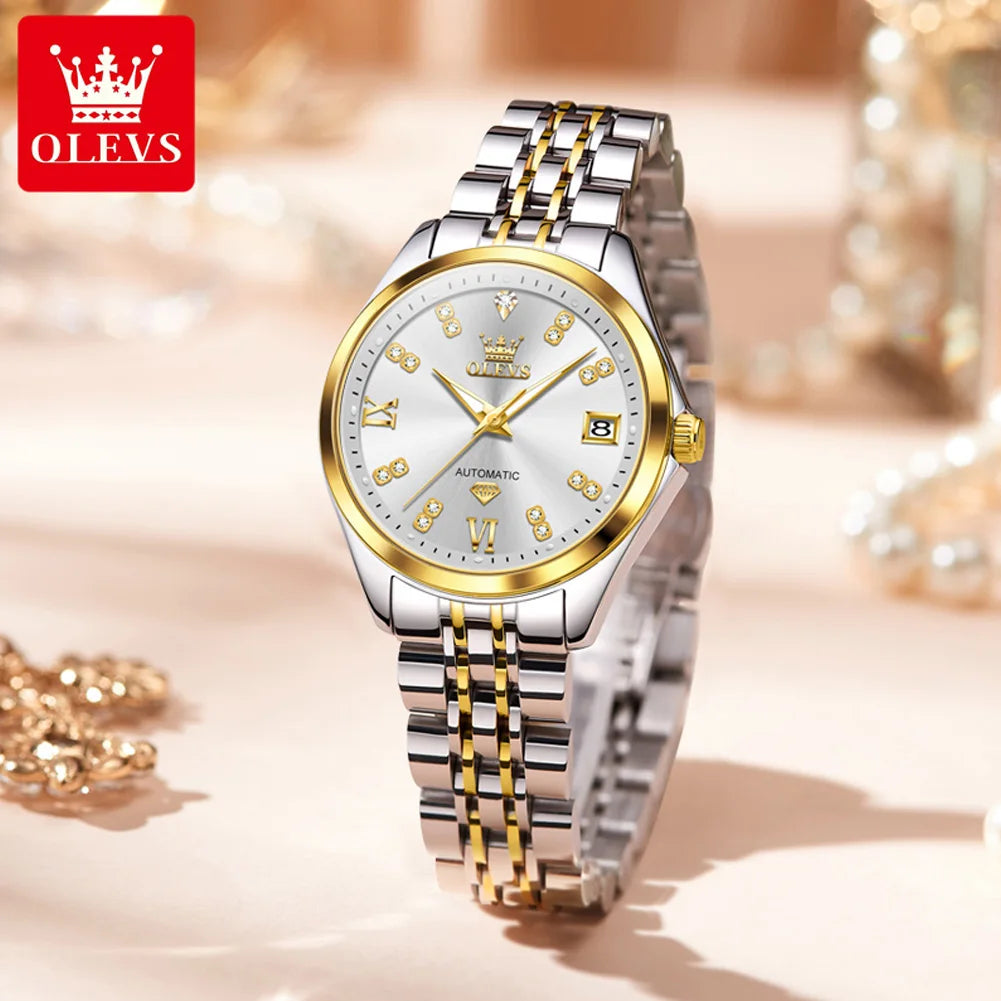 OLEVS 9801 Womens Watch Luxury Fashion Waterproof  Automatic Mechanical Watch Stainless Steel Diamond Date Ladies Watch Set