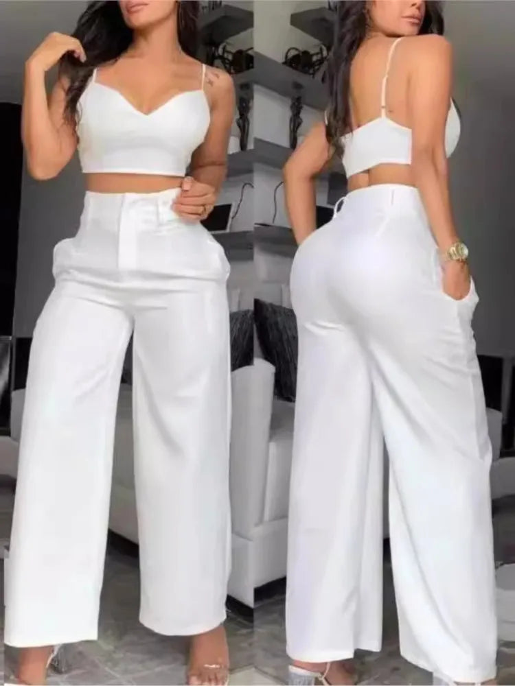 Women's Fashion Solid 2 Piece Sets Sexy V Neck Spaghetti Strap Short Tops + High Waist Wide Leg Pants Two Piece Sets Lady Summer