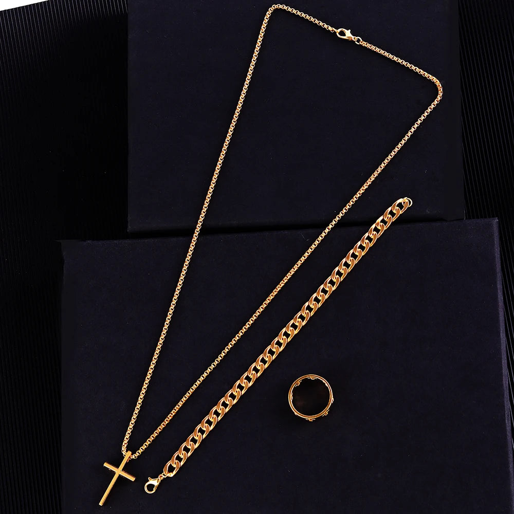 3pcs Set Men's Stainless Steel Metal Cross Pendant Chain Necklace Bracelet Ring Jewelry Set Male Hip Hop Daily Wear Accessories