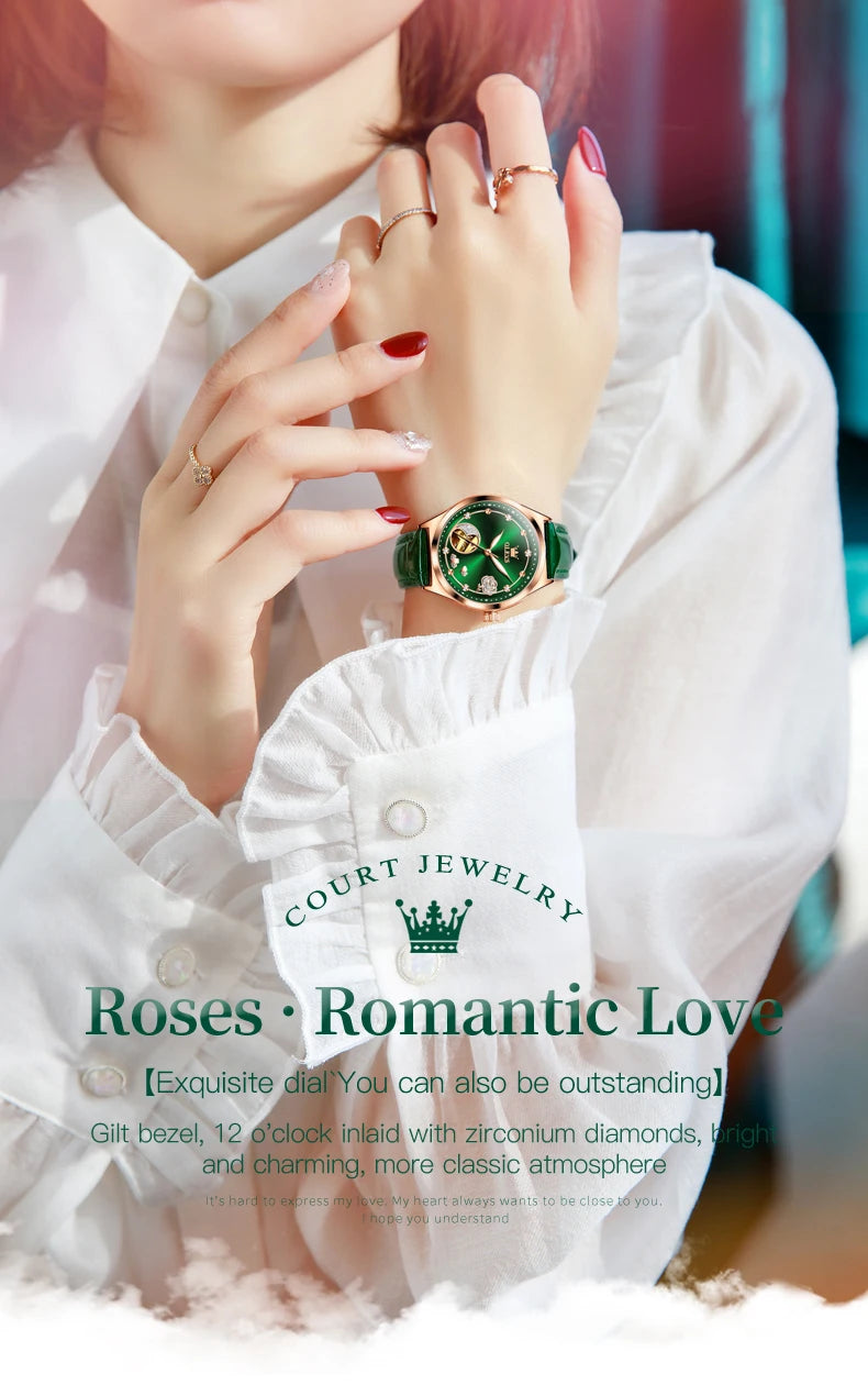 OLEVS Luxury Brand Women Mechanical Watch Leather Strap Waterproof Simple Fashion Ladies Automatic Wristwatch Relojes Para Mujer