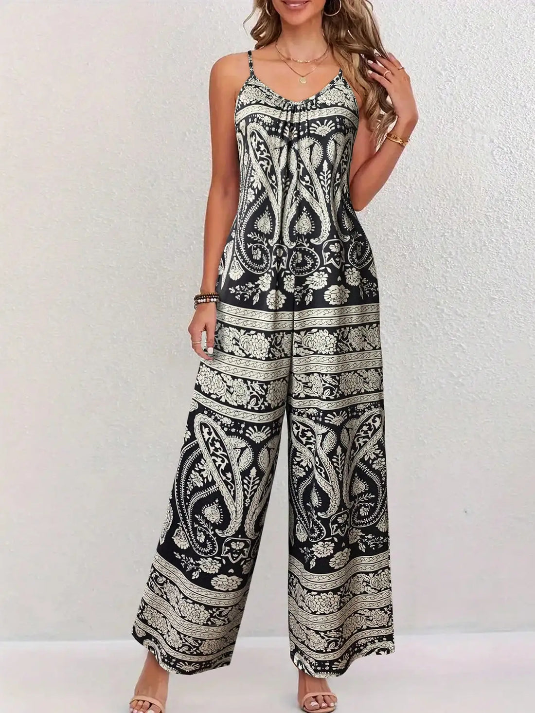 Women's Off the Shoulder Slingback Long Length Drawings Print Jumpsuit-Summer Sleeveless Jumpsuit For vacation outfits women