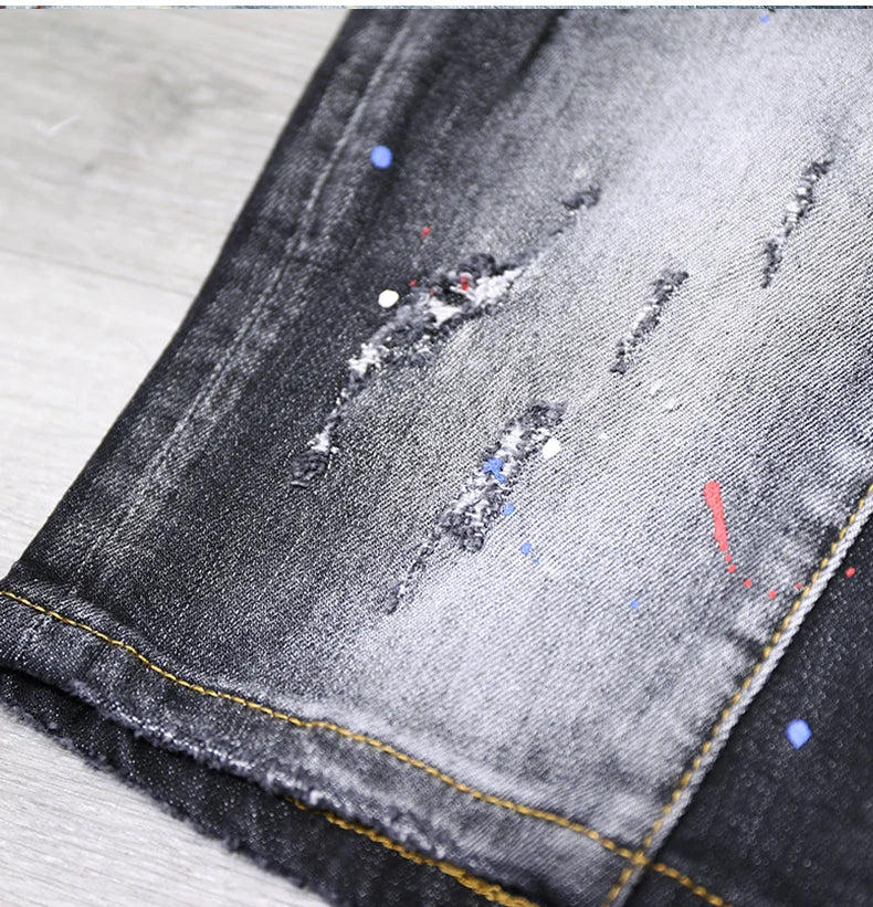 Tie-dye Fashion Paint Spots Denim Shorts Men's Summer New Ripped Retro Dilapidated Male Streetwear Short Jeans