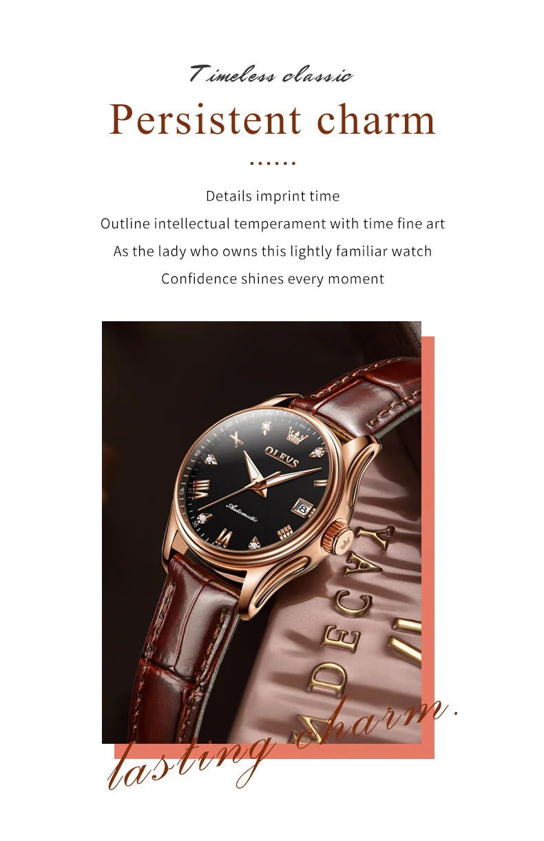 OLEVS 9932 Women's Automatic Mechanical Wristwatch Leather Strap Waterproof Dual Calendar Wristwatch Luxury Elegant Ladies Watch