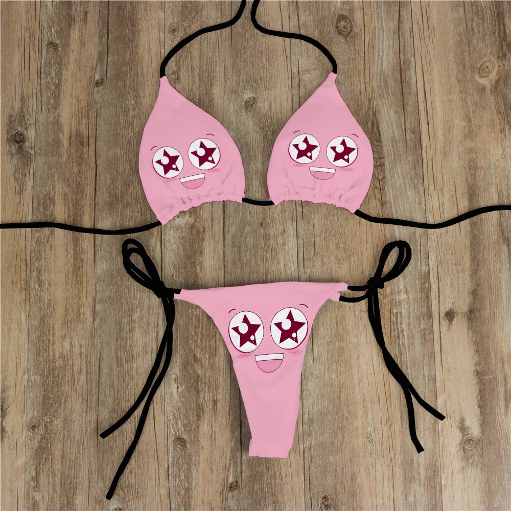 Sexy Bikini Set Yellow Swimsuit Cartoon Print  Fashion Sweet Women's Bra Swimsuit Deep V Summer Beachwear Party Bikini suit
