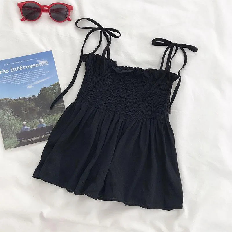 Xpqbb Black White Bow Bandage Tank Top Women Summer Folds Backless Camisole Female Sweet Cute Ruffles Sleeveless Cropped Vest