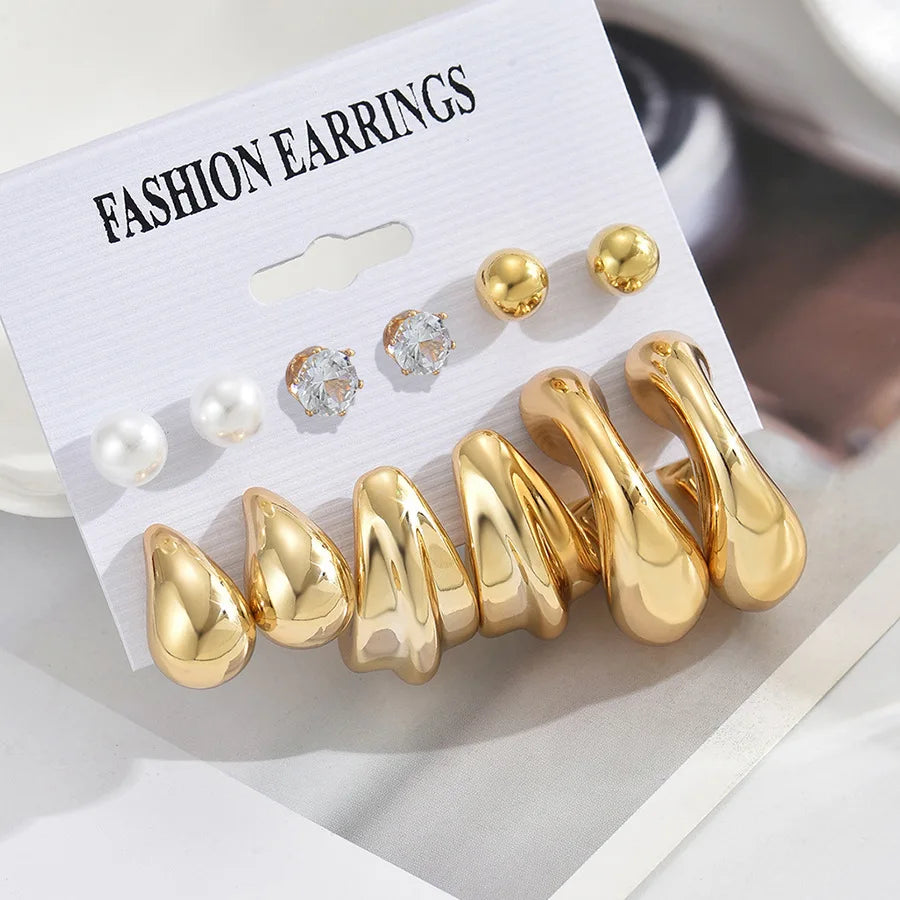 6Pcs Classic Geometry Glossy Ccb Gold Plated Waterdrop C Shape Hoop Earrings Set for Women Teens Vintage Daily Wear Ear Jewelry