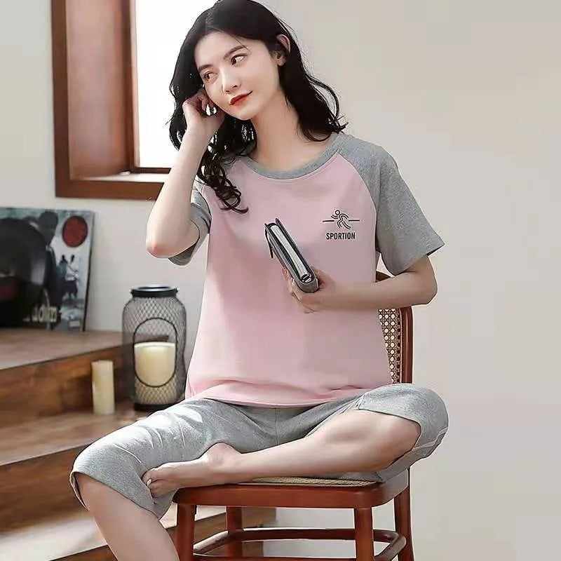 Women Sleepwear Half-Sleeve Seven-Quarter Trousers Student Nightwear Homewear Set Round Neck Cartoon Ladies Pajamas Loungewear