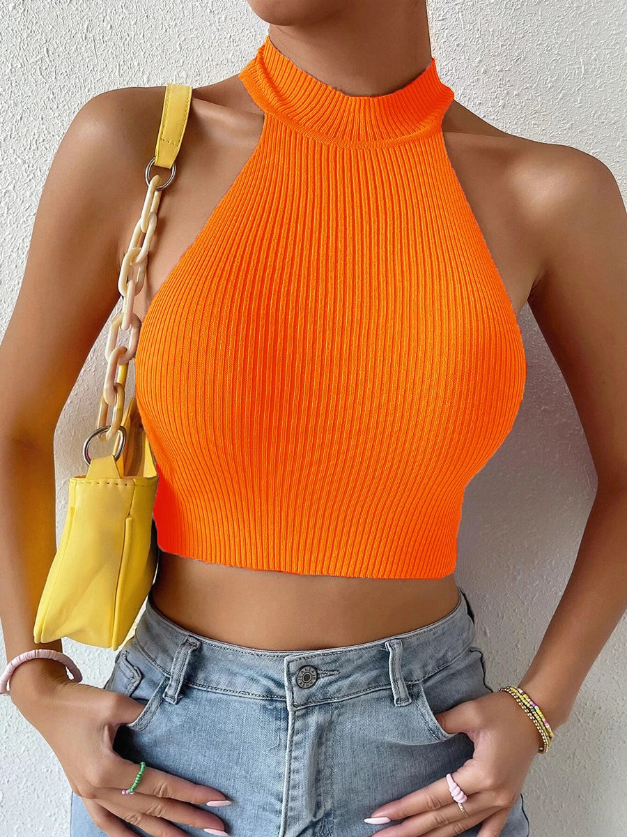 2025 Summer Fashion Women Basics Casual Knit Sleeveless Corset Halter Crossfit Crop Top Y2k Clothes Femme Stretch Sweater Tank