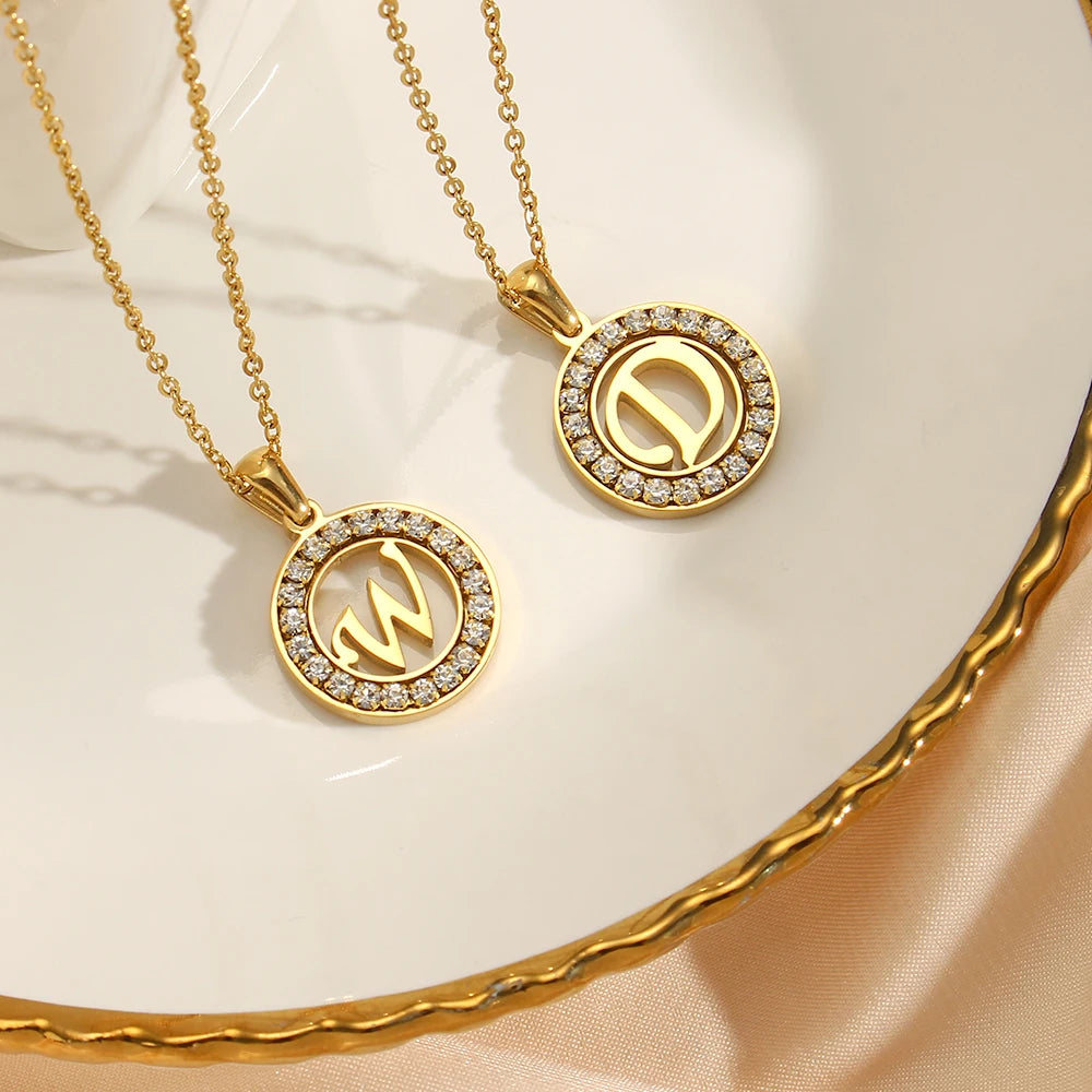 E.B.belle Hollow Round Zircon Paved 26 Alphabet Initial Necklace Ladies Elegant Birthday Gift 18K Gold Plated Letter Necklace