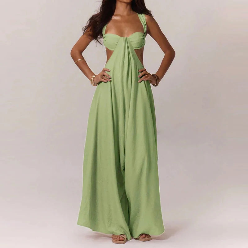 Fashion Hollow Waist Halter Wide Leg Jumpsuits Sexy Tube Top Sleeveless Solid Color Playsuits Lady High Street Commute Rompers