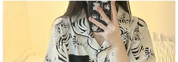 Cartoon Black Cat Cute Women Two-piece Pajamas Simulated Silk Summer Cool Short Lady Sleepwear 2024 New Classic Female Housewear