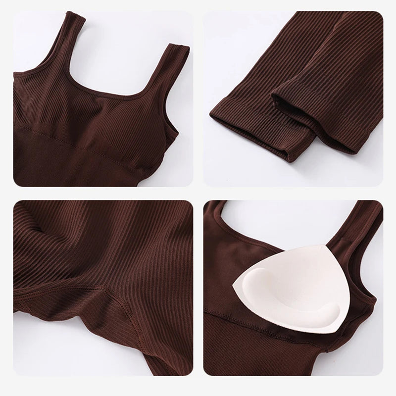 Women Workout Seamless Jumpsuit Yoga Ribbed Bodycon One Piece Square Neck Leggings Romper