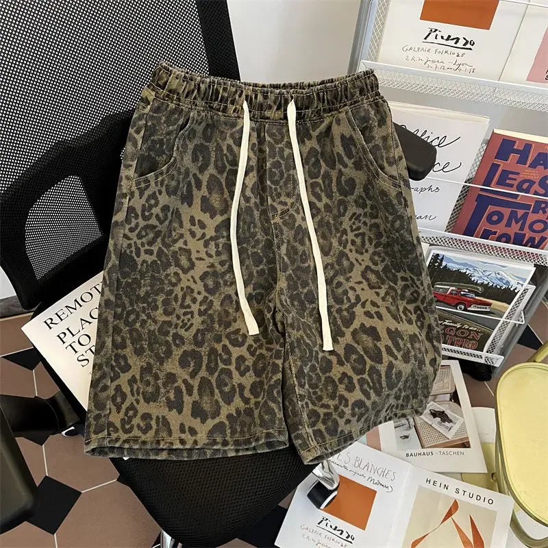 American Retro Leopard Print Denim Shorts Men's High Street Niche Loose Design Five-point Mid-pants