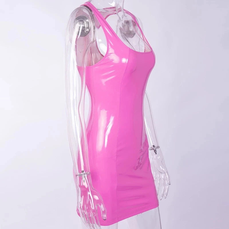 Sexy Pink PU Leather Bodycon Dress 2024 Summer Women Sleeveless Low Cut Back Zipper Elastic Mini Dress Party Club Dresses