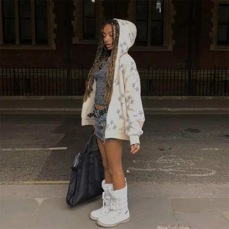 y2k Sweatshirt Men Star Print Long Sleeve Hooded Tops 2000s Aesthetic Clothes Zip Up Streetwear Fairycore Grunge Jacket Fall