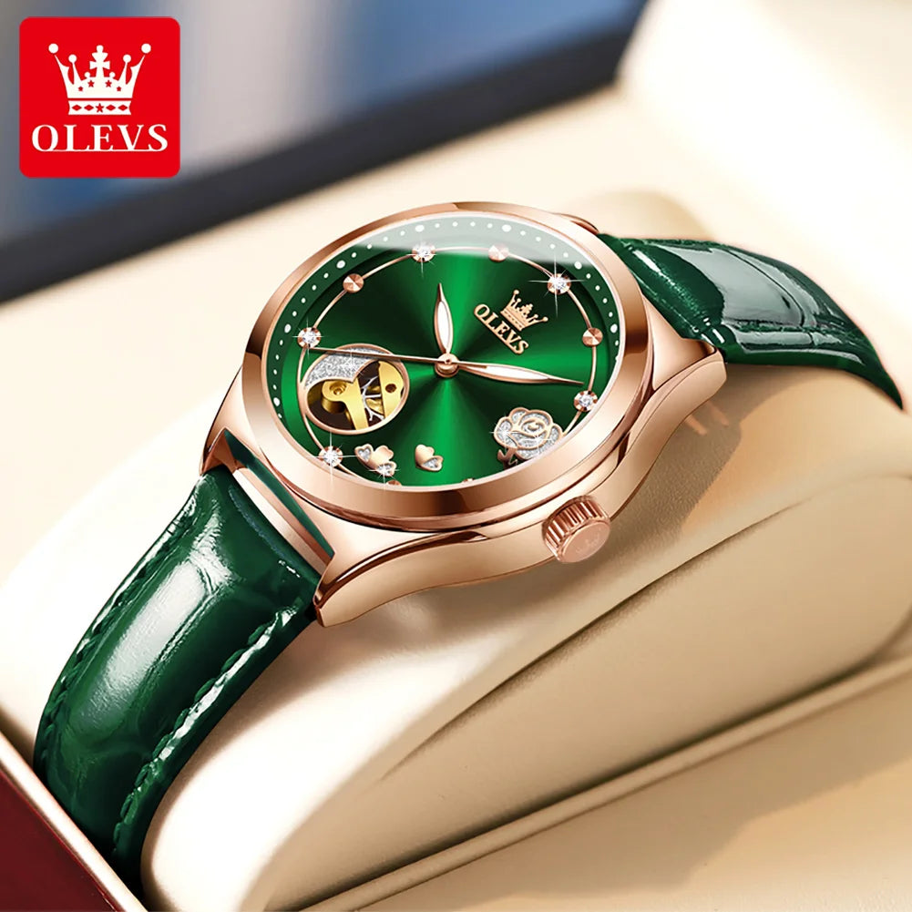 OLEVS Luxury Brand Women Mechanical Watch Leather Strap Waterproof Simple Fashion Ladies Automatic Wristwatch Relojes Para Mujer