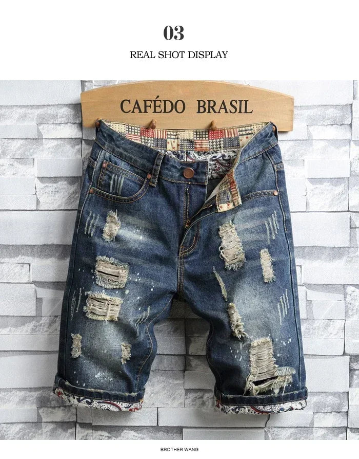 Summer Clothes New Men Vintage Ripped Short Jeans Streetwear Fashion Hole Straight Slim Denim Shorts Male Brand Pants