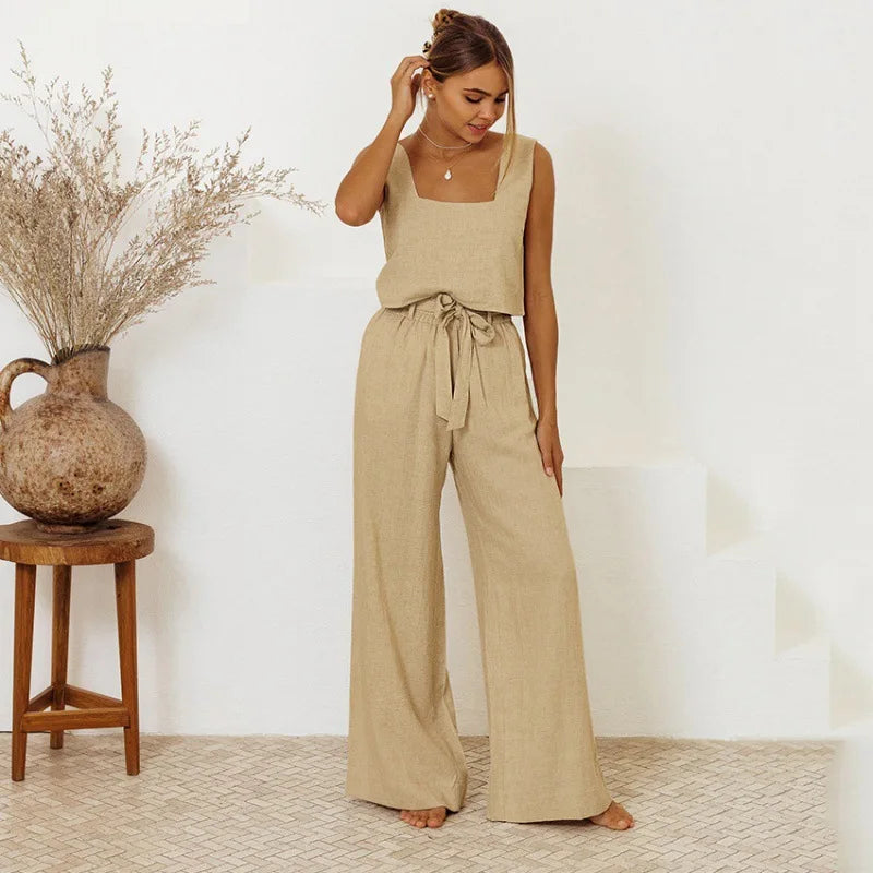 Women Casual Solid Color Suit Sweet 2 piece Set Sleeveless Vest Wide Leg Pants Cotton And Linen Sets Suumer Fashion Women's Wear