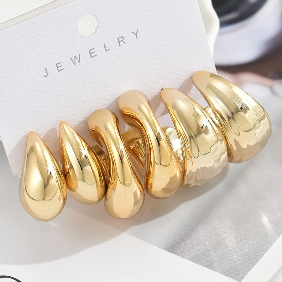6Pcs Classic Geometry Glossy Ccb Gold Plated Waterdrop C Shape Hoop Earrings Set for Women Teens Vintage Daily Wear Ear Jewelry