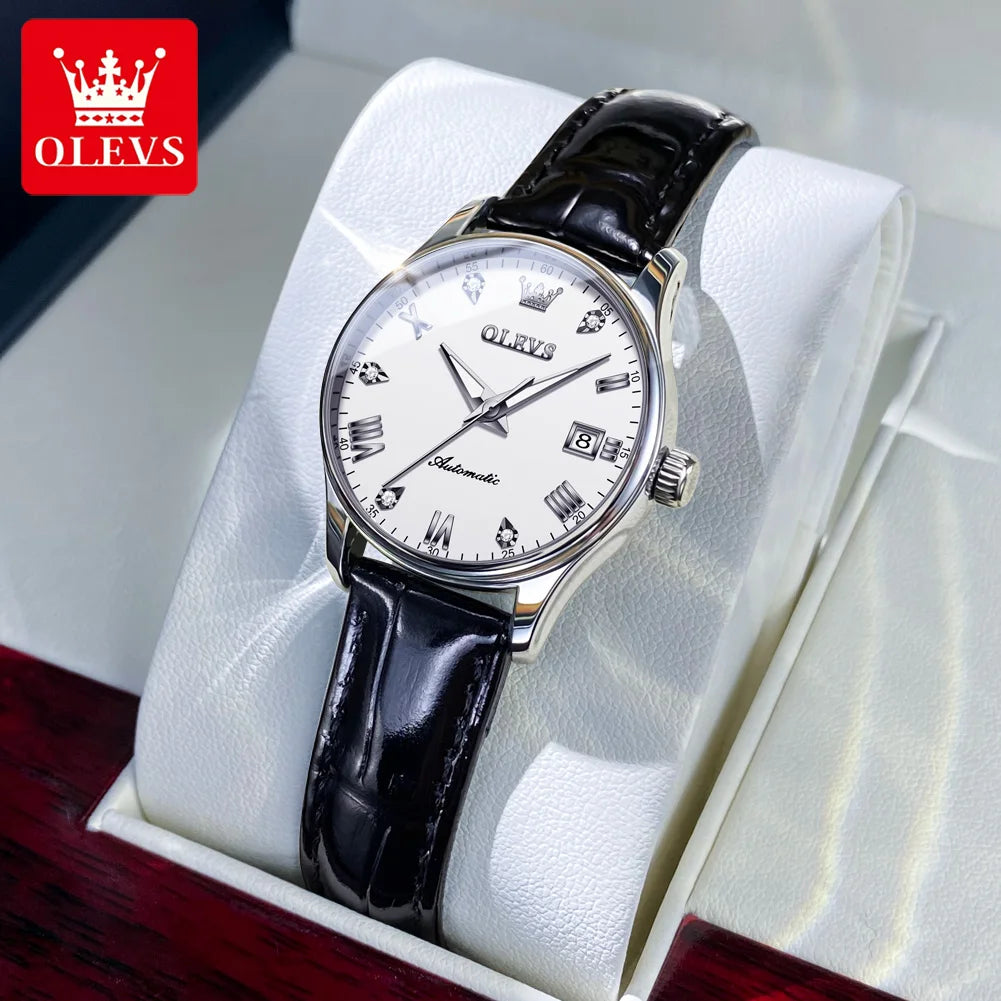 OLEVS 9932 Women's Automatic Mechanical Wristwatch Leather Strap Waterproof Dual Calendar Wristwatch Luxury Elegant Ladies Watch