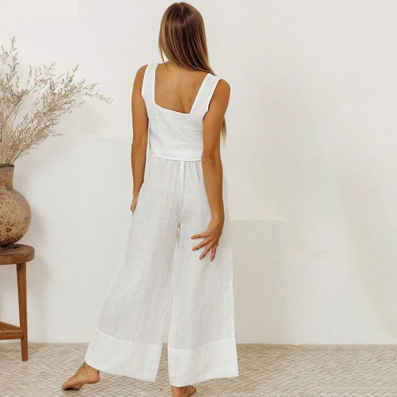 Women Casual Solid Color Suit Sweet 2 piece Set Sleeveless Vest Wide Leg Pants Cotton And Linen Sets Suumer Fashion Women's Wear