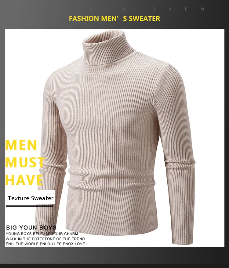 Spring Autumn New Men's High Neck Sweater Solid Color Pullover Knitted Tight Warm Top Casual Turtleneck Versatile Inner Matching