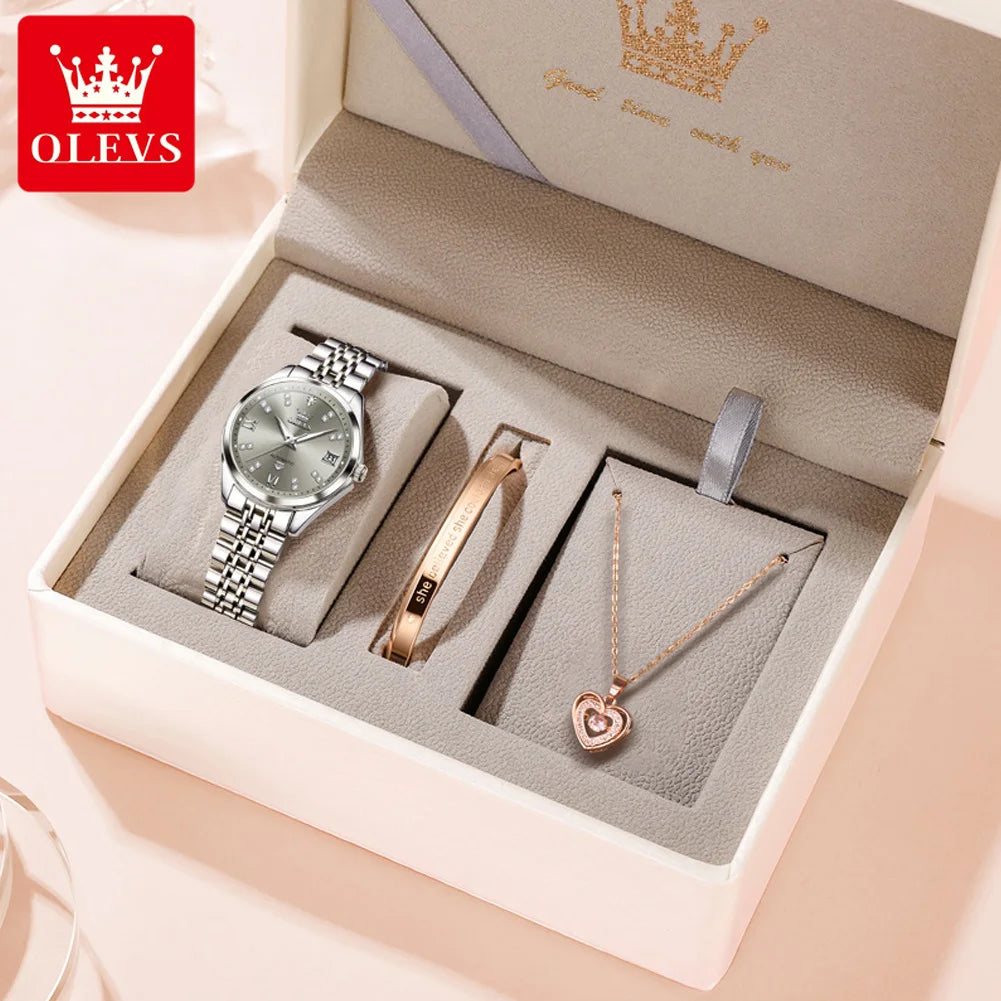 OLEVS 9801 Womens Watch Luxury Fashion Waterproof  Automatic Mechanical Watch Stainless Steel Diamond Date Ladies Watch Set