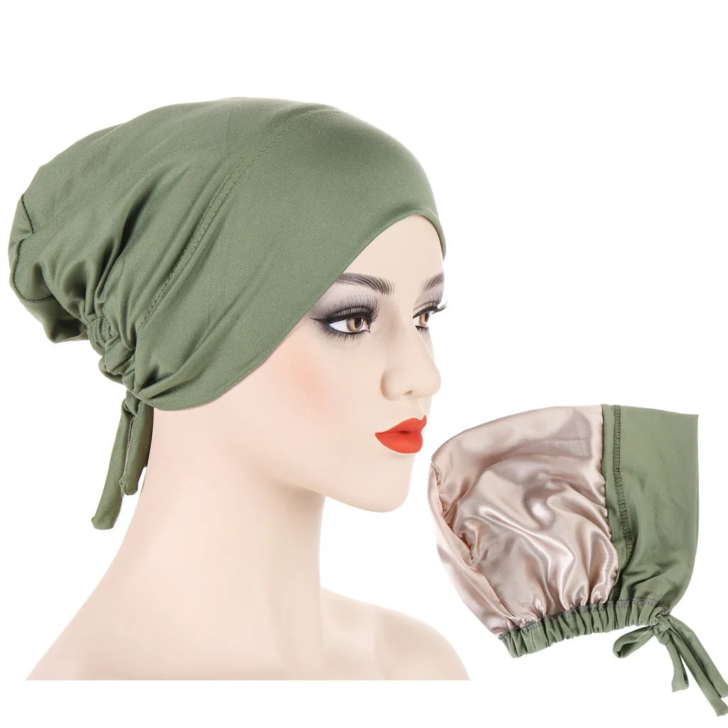 Double Layer Satin Hijab Cap for Women, Islam Undercap with Tie Bonnet, Instant Hijabs, Turkish Scarves, Muslim Turban, Bandana
