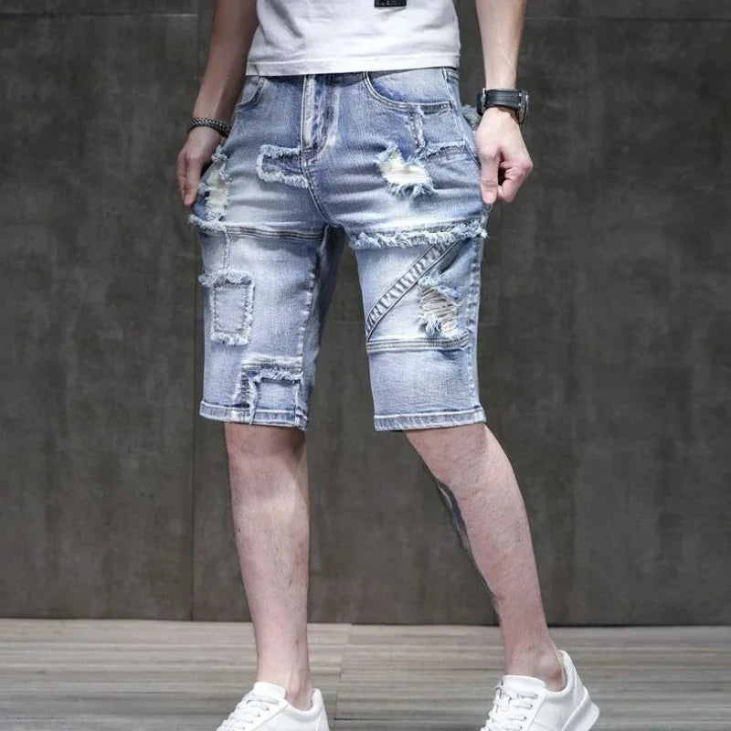 Long Male Denim Shorts with Pockets Skinny Half Men's Short Jeans Pants Bermuda Slim Ripped Sale Popular Streetwear Luxury Xxxl