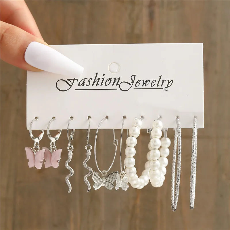 Trendy Silver Color Butterfly Hoop Earrings Set for Women Girls Geometric Irregular Metal Resin Acrylic Earrings Jewelry
