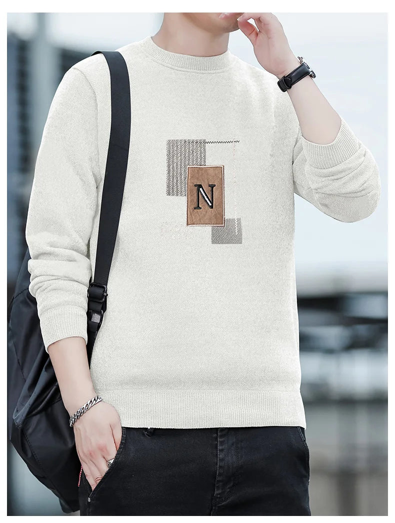 Autumn Winter Fashion Sweater Men's Round Neck Pullovers Fleece Thick Warm Jumpers Pattern Patchworked Men's Clothes