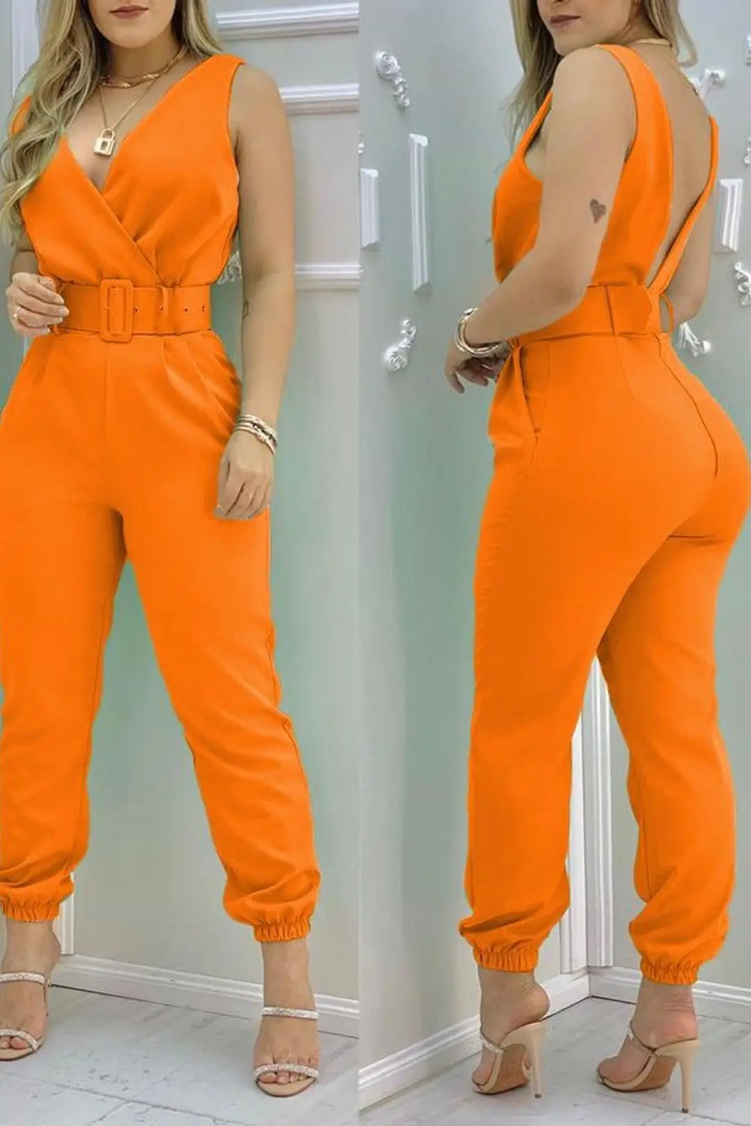 New Casual Women's Pants Women's V-neck Open Back Printed High Waist Jumpsuit Women (including Belt) Spring and Summer 2023