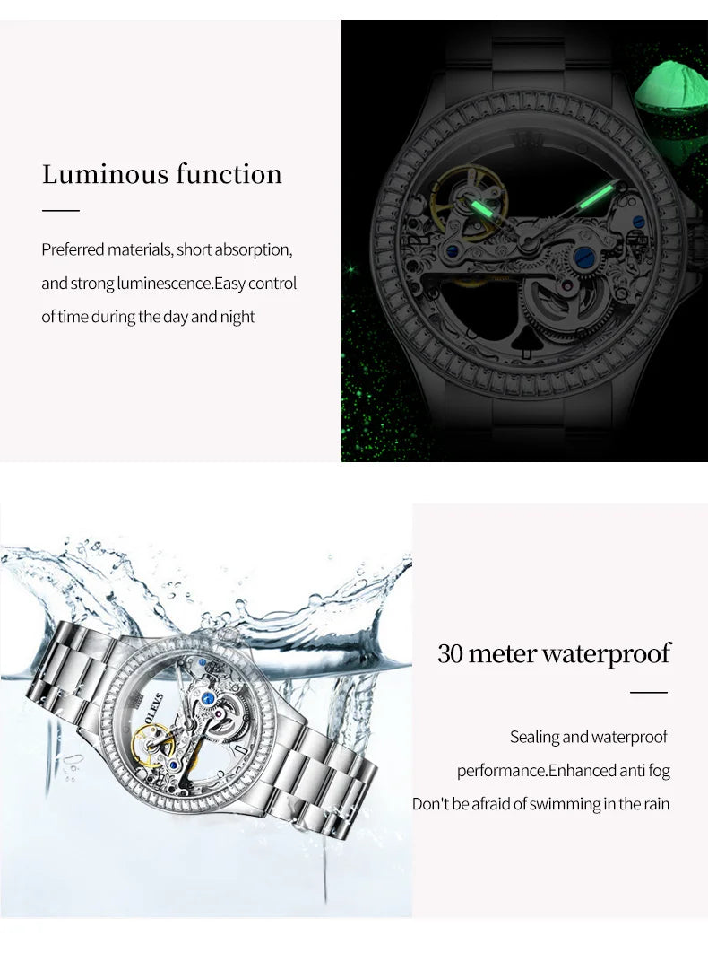 OLEVS Luxury Women Automatic Mechanical Watch Stainless Steel Diamond Inlay Fully Hollow Design Luminous Dial Elegant Wristwatch