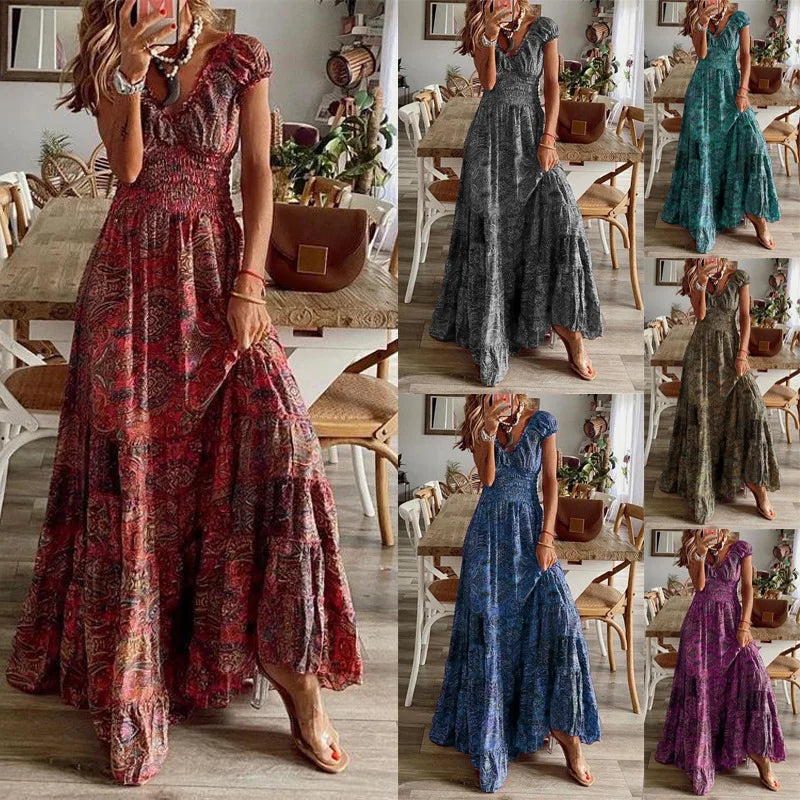 Women's Summer Bohemian Style 2024 New Dress With A Waistband Fashionable Floral Print Petal Sleeves Large Hem A-line Dress