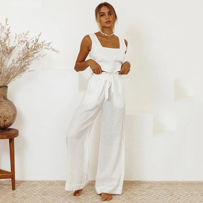 Women Casual Solid Color Suit Sweet 2 piece Set Sleeveless Vest Wide Leg Pants Cotton And Linen Sets Suumer Fashion Women's Wear
