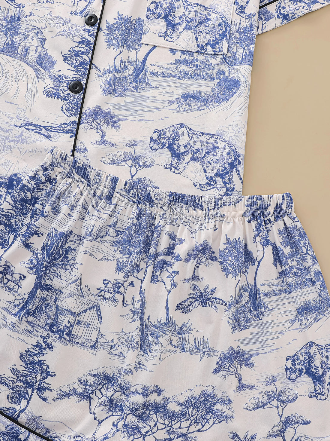 Natural animal print pajama set comfortable short-sleeved lapel top and elasticated waistband shorts women's loungewear