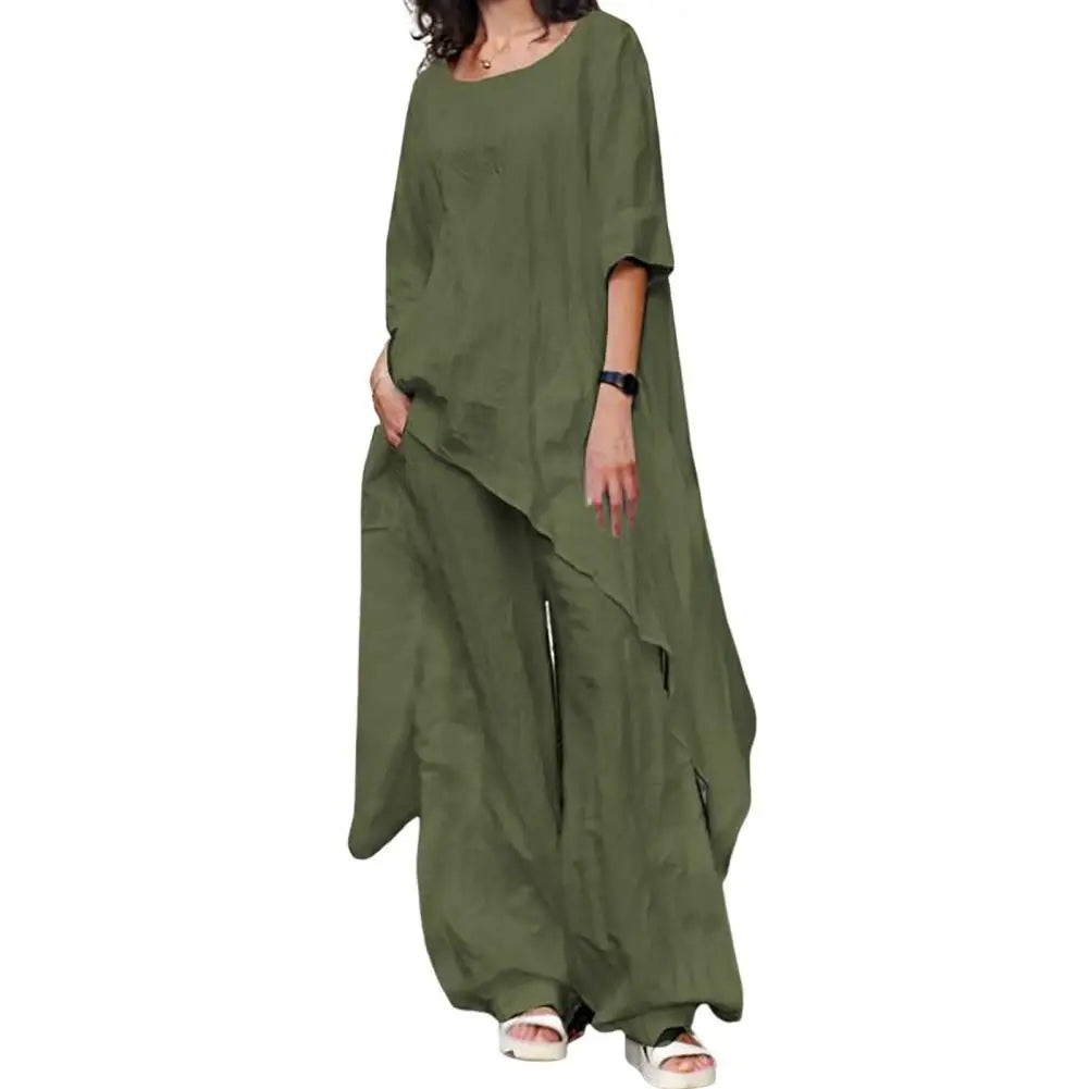 Two-Piece Set Women Outfit Shirts Pants Cotton Linen Solid Color Wide Leg Trousers Suit Women Summer