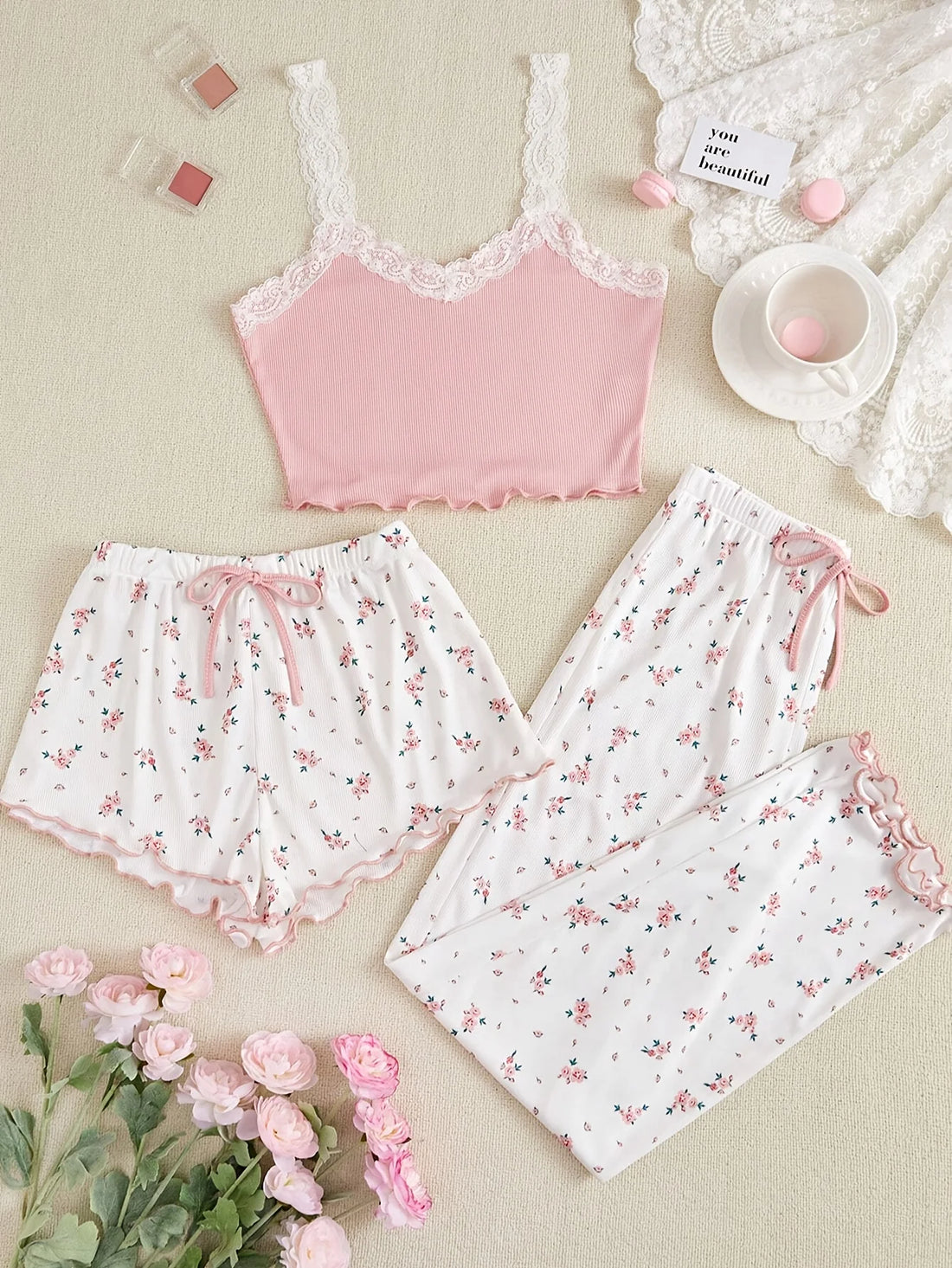 Summer 3-PCS Women's Pajamas Set with V-Neck Knitted Lace Suspender Floral Print Shorts Paired with Pants Casual Sleepwear