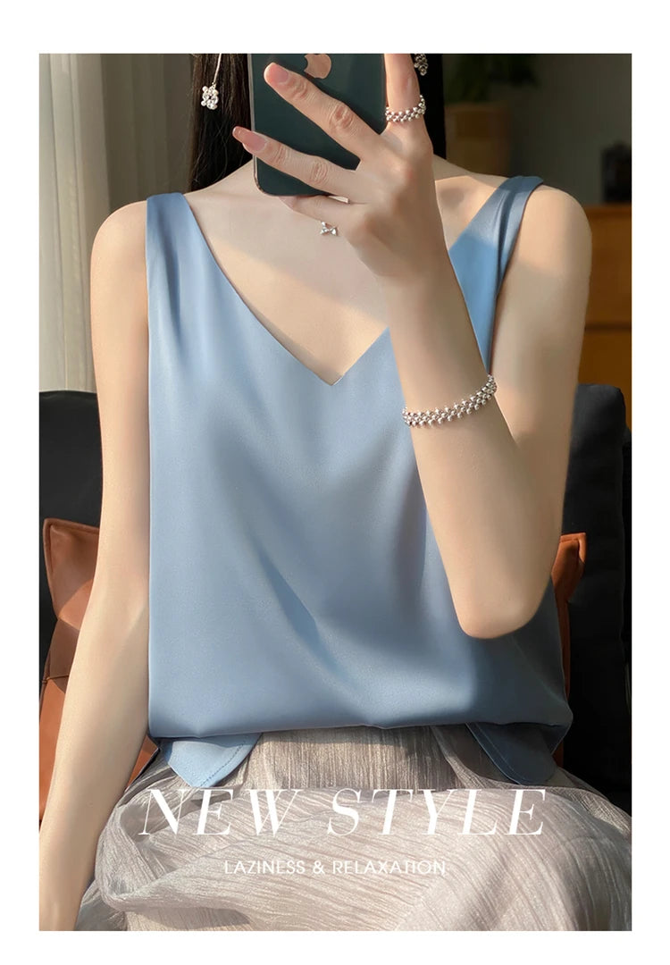 2024 New Silk Satin Women's Tank Top Basic V-neck Multi Color White Black Women's Sleeveless Top Summer Sexy Bottom