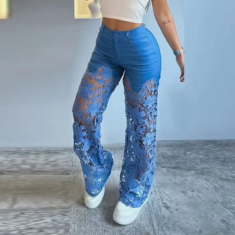 Retro Lace Patchwork Women Blue Denim Pants High Waist Wide Leg Baggy Jeans Chic Y2k Fashion Casual Elegant High Street Trousers