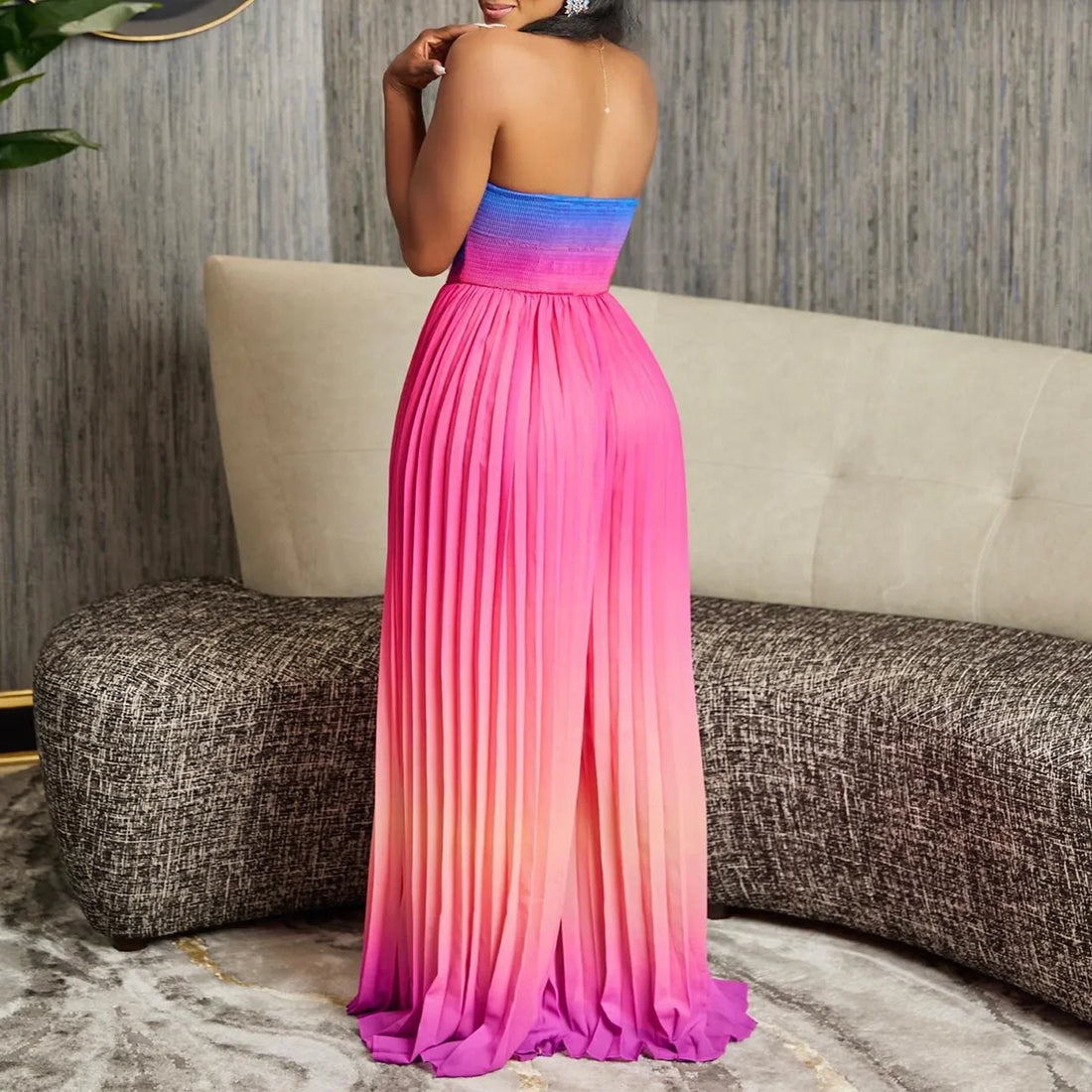 One Piece Women Jumpsuits Strapless Tie Dye Sleeveless Sexy Sling Wide Leg Long Pants Slim Pleated Overalls Backless Rompers