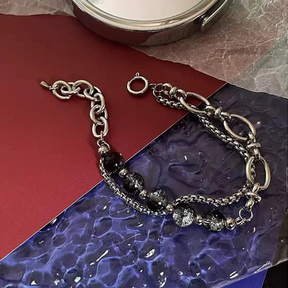 2024 Retro Black Cracking Beads Bracelet for Men Women Stainless Steel Double Layered Chain Fashion Hip-pop Jewelry Pulseras