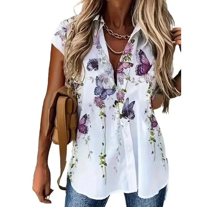 Plus Size 1XL-5XL Women Fashion Spring and Autumn Casual Short Sleeve Buttons Blouse Versatile Butterfly Print Blouse Shirt
