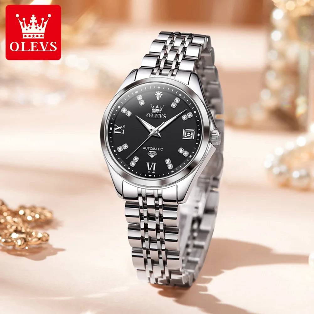 OLEVS 9801 Womens Watch Luxury Fashion Waterproof  Automatic Mechanical Watch Stainless Steel Diamond Date Ladies Watch Set