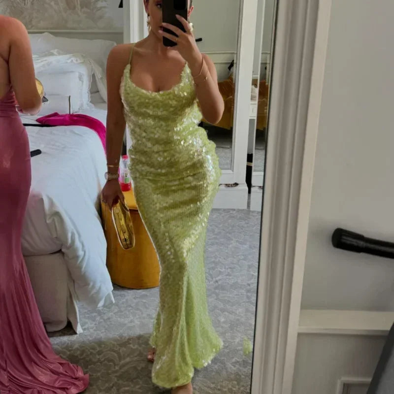 Sexy Sequins Backless Long Mermaid Dress Women Bodycon Halter Neck Sleeveless See Through Party Dresses 2024 Autumn Evening Gown