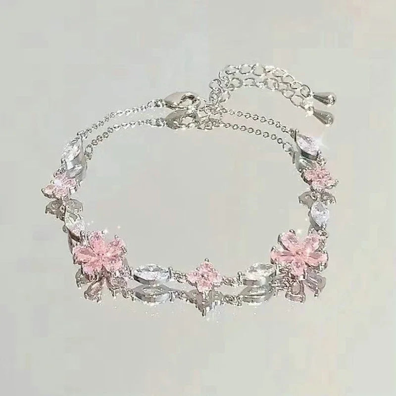 Elegant Crystal Flowers Bracelet For Women Y2K Sweet Girls Moon Cherry Blossom Bow Zircon Bracelets Luxury Designer Jewelry Gift