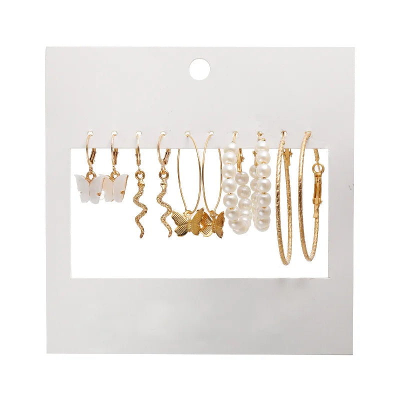 Trendy Silver Color Butterfly Hoop Earrings Set for Women Girls Geometric Irregular Metal Resin Acrylic Earrings Jewelry