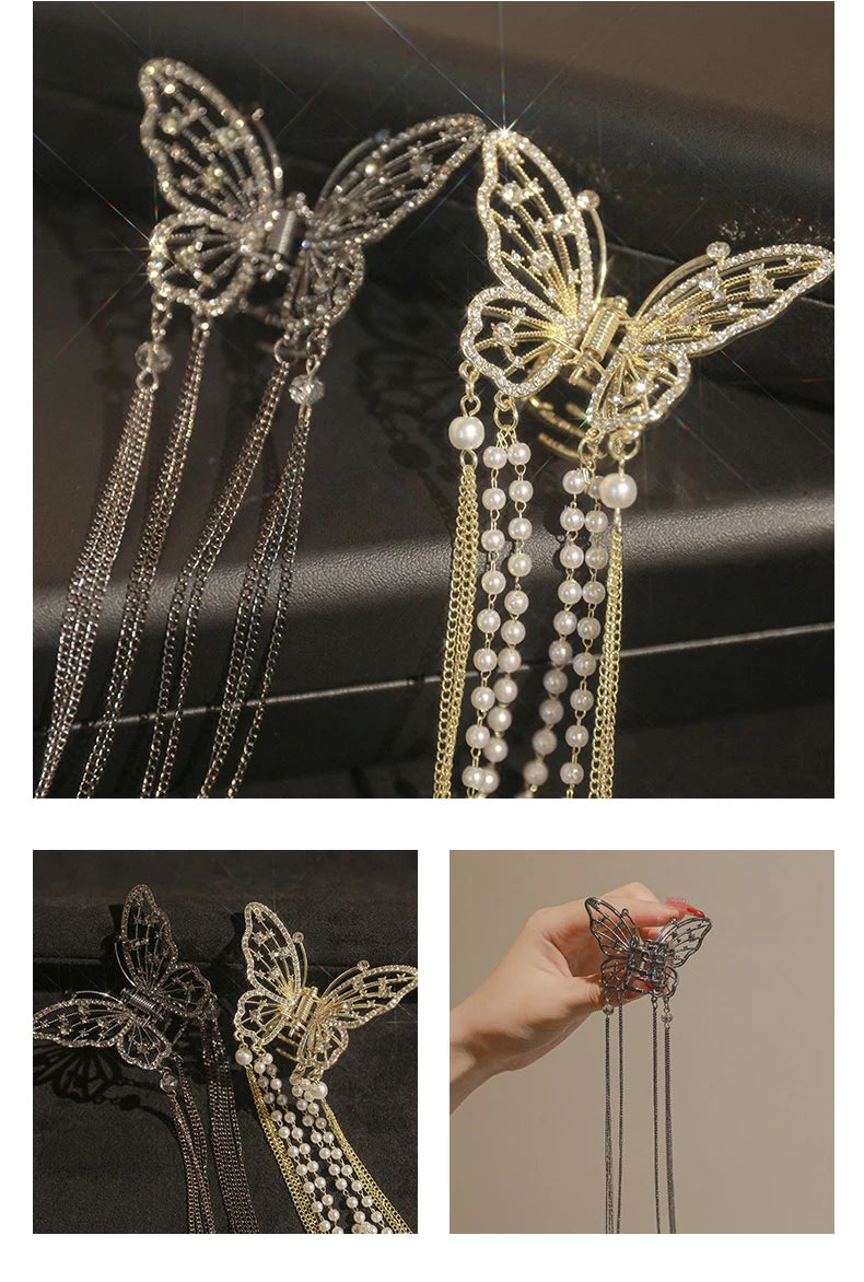 New Exquisite Rhinestone Butterfly Fringe Hair Claw Clips Korean Ponytail Braid Pearl Hairpin Girl Crab Metal Headdress Gift